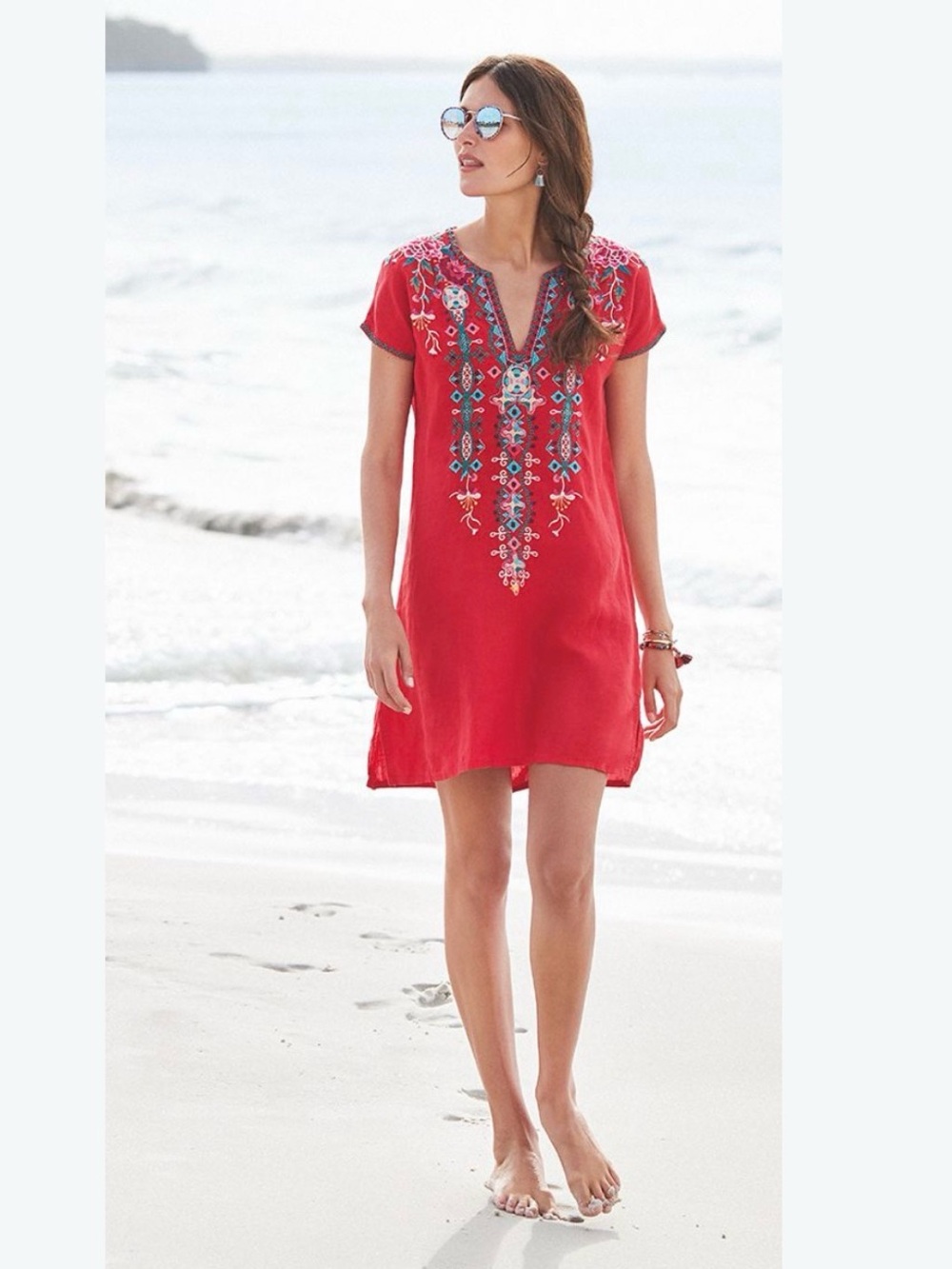 Johnny Was tunic 100% linen Red Embroidered V-Neck large